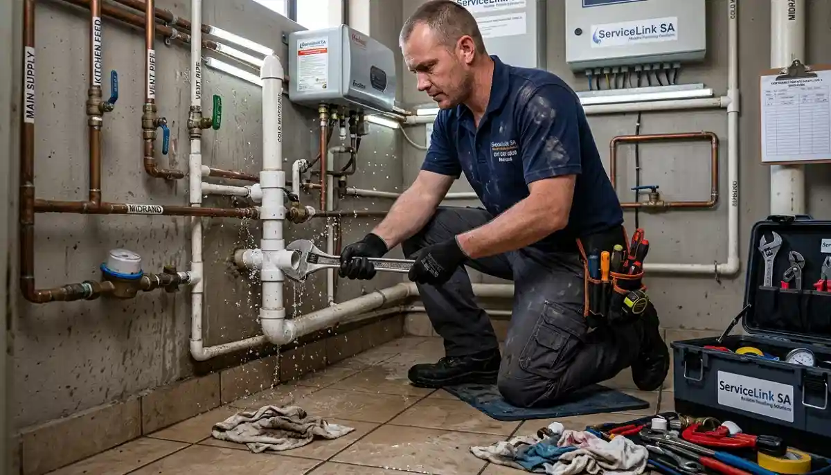 Emergency plumber repairing burst pipe in South African home with specialized tools for urgent plumbing repair