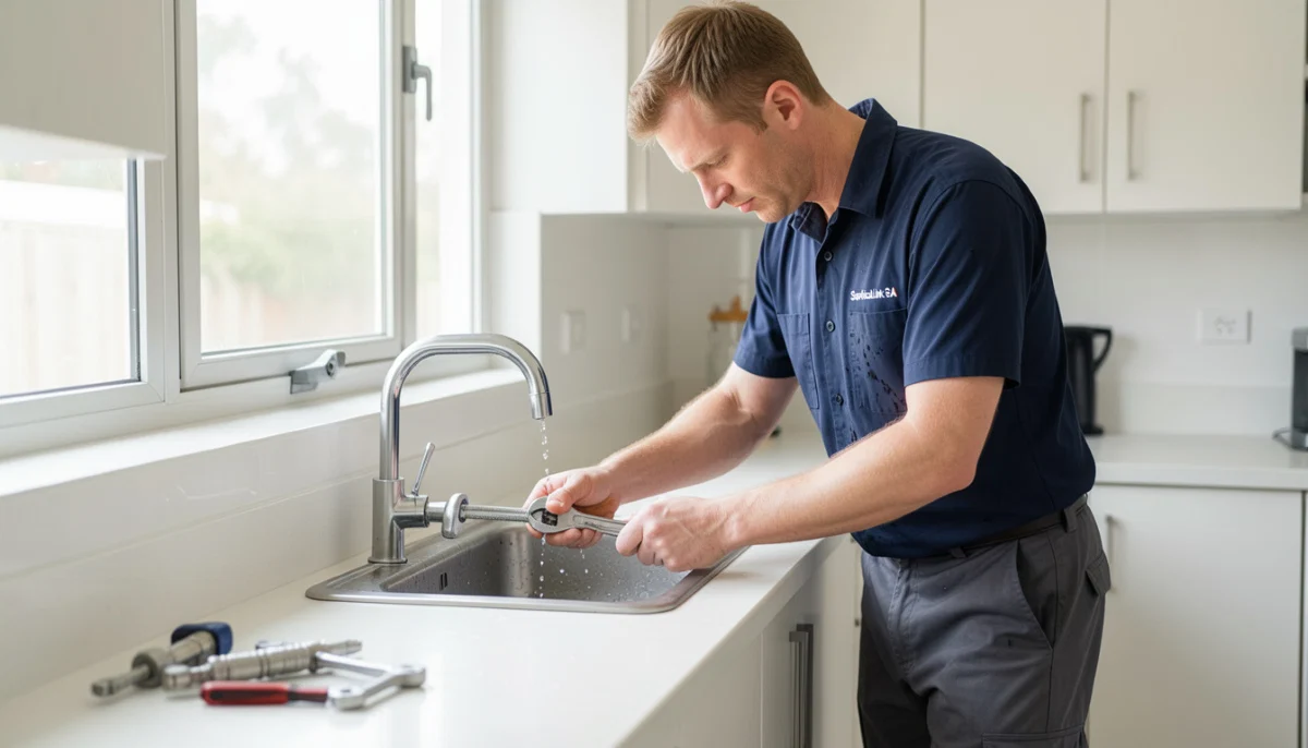 Plumber fixing leaking kitchen faucet showing internal cartridge replacement