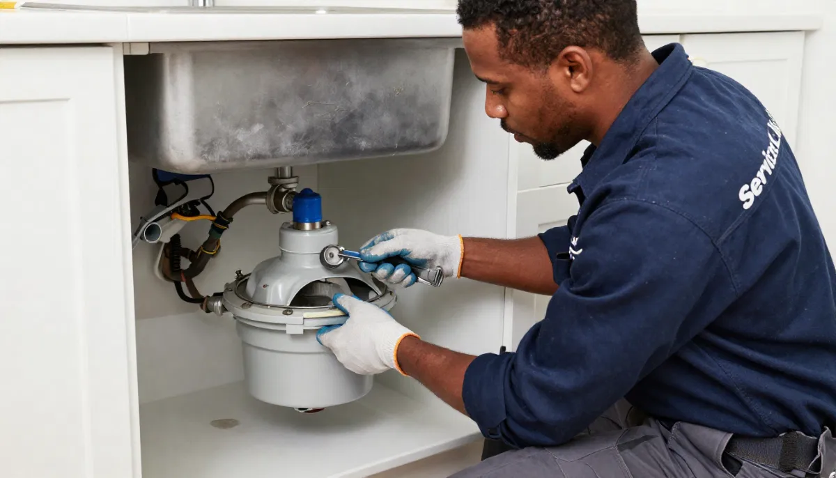 Plumber installing garbage disposal under kitchen sink showing mounting ring and electrical connections