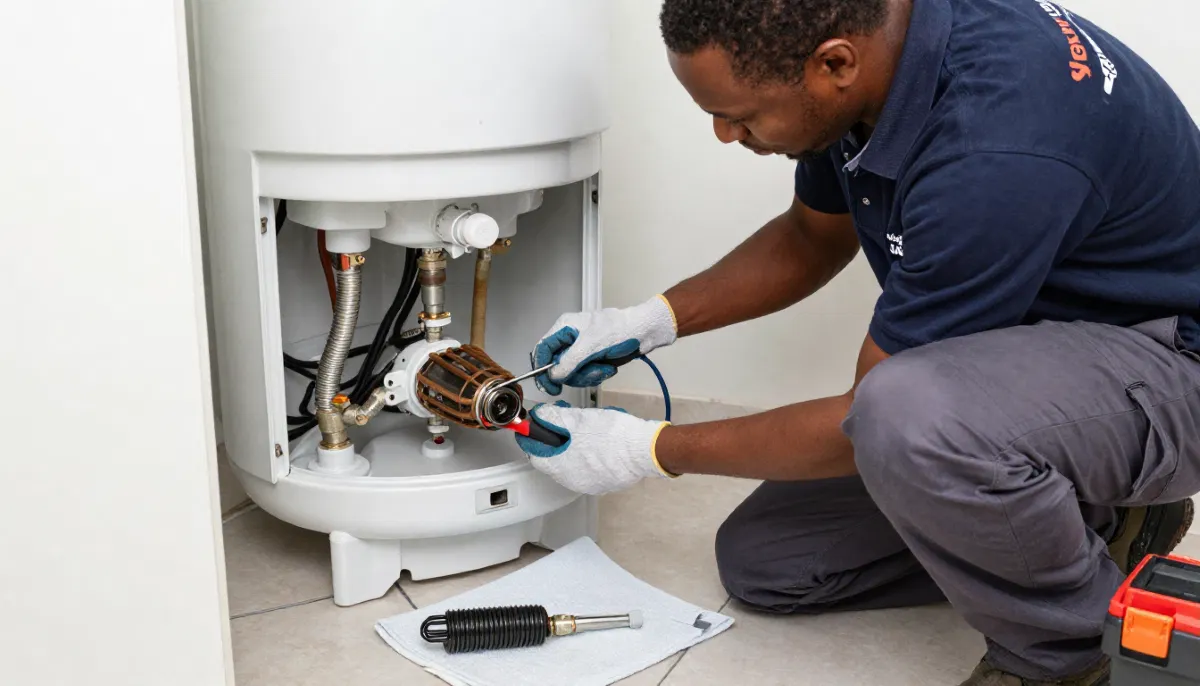 Geyser element replacement showing internal components during electric geyser installation