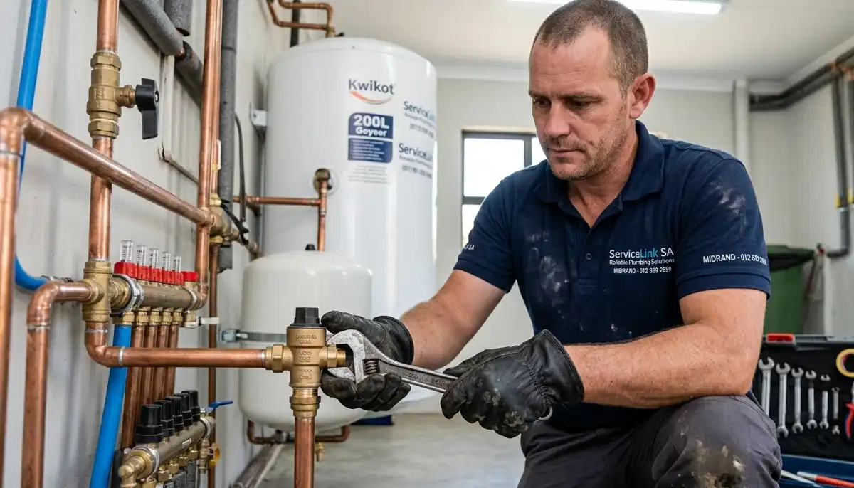 Plumber installing pressure relief valve during electric geyser installation for safety compliance