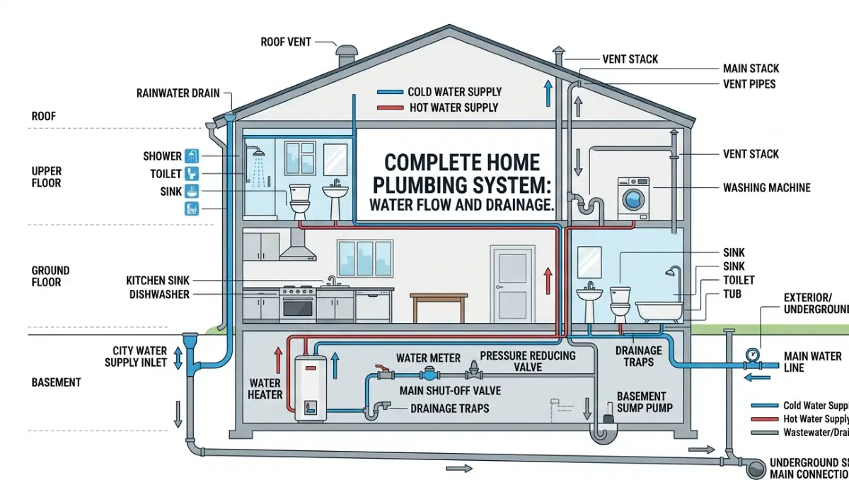 Labelled home plumbing system diagram showing pipe locations vulnerable to freezing