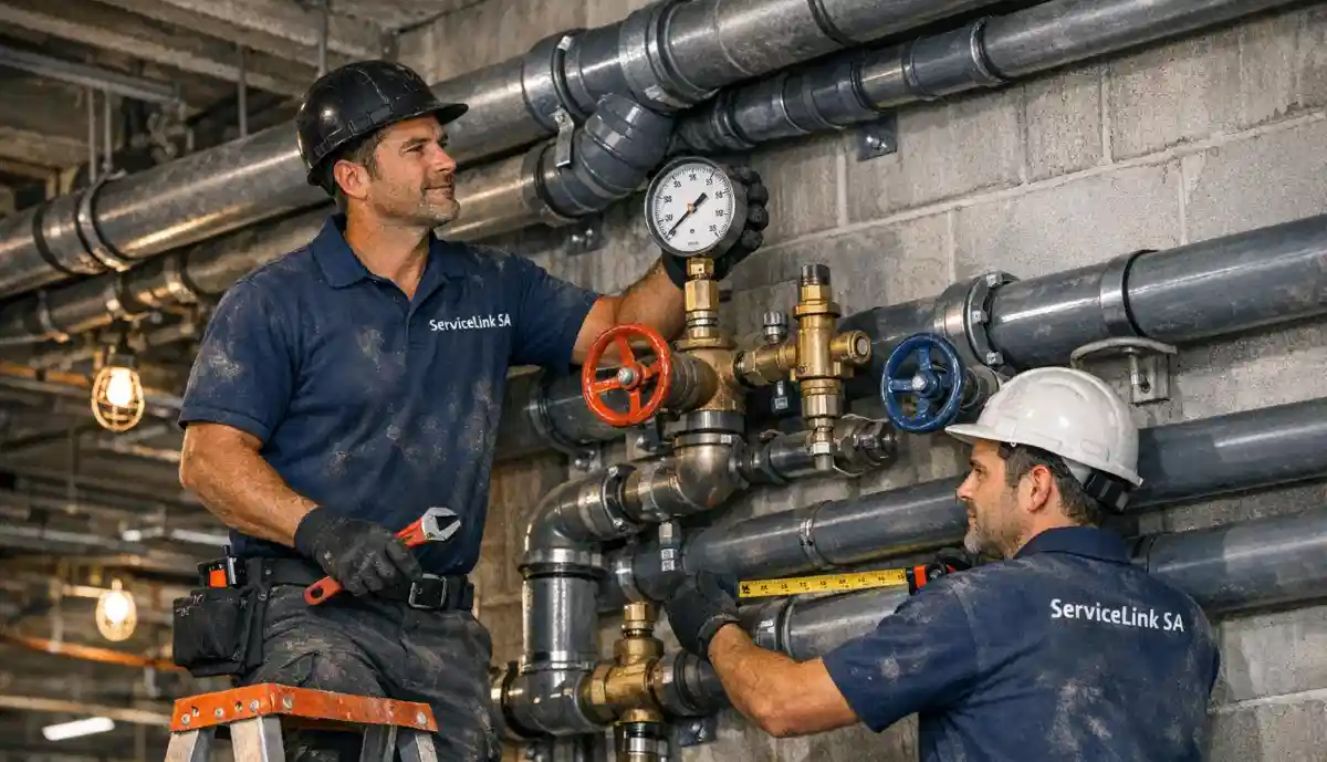 Industrial plumbing pipe network showing grease trap integration in commercial kitchen system