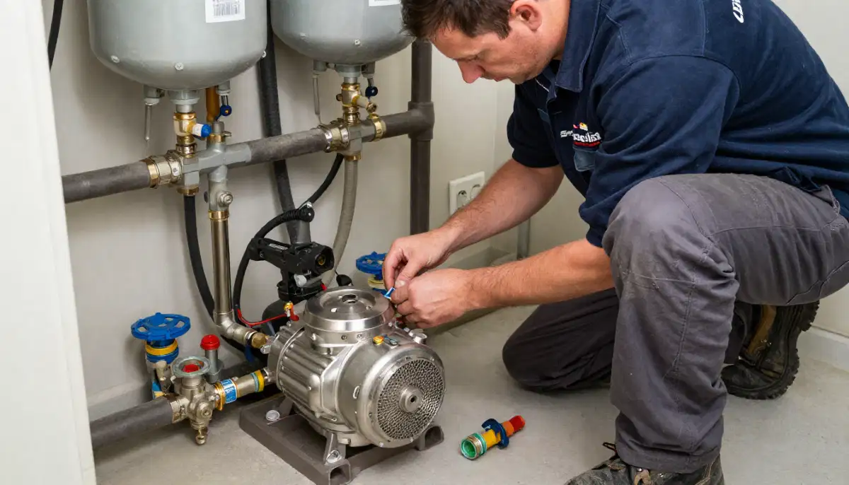 Plumber installing water pressure booster pump to increase home water pressure