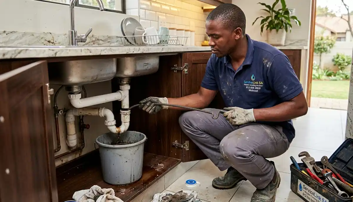 Kitchen drain cleaning service showing plumber clearing grease buildup from kitchen sink drain