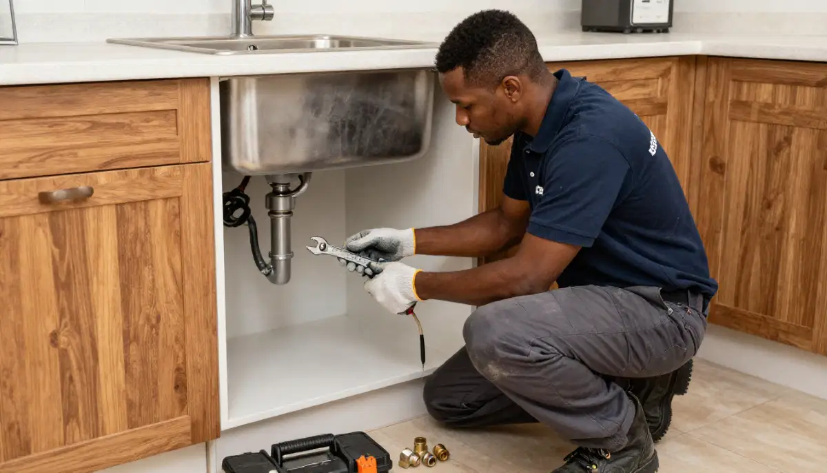 Plumber installing kitchen sink during new kitchen plumbing installation showing water supply connections