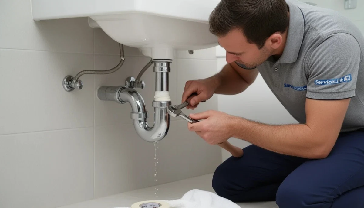 Plumber repairing leaking PVC pipe joint showing professional leak fixing technique