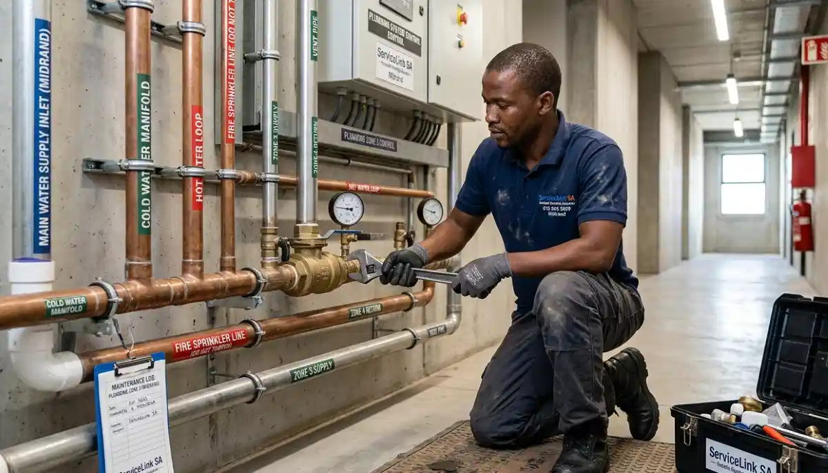 Office building plumbing maintenance showing commercial plumber inspecting large pipe system