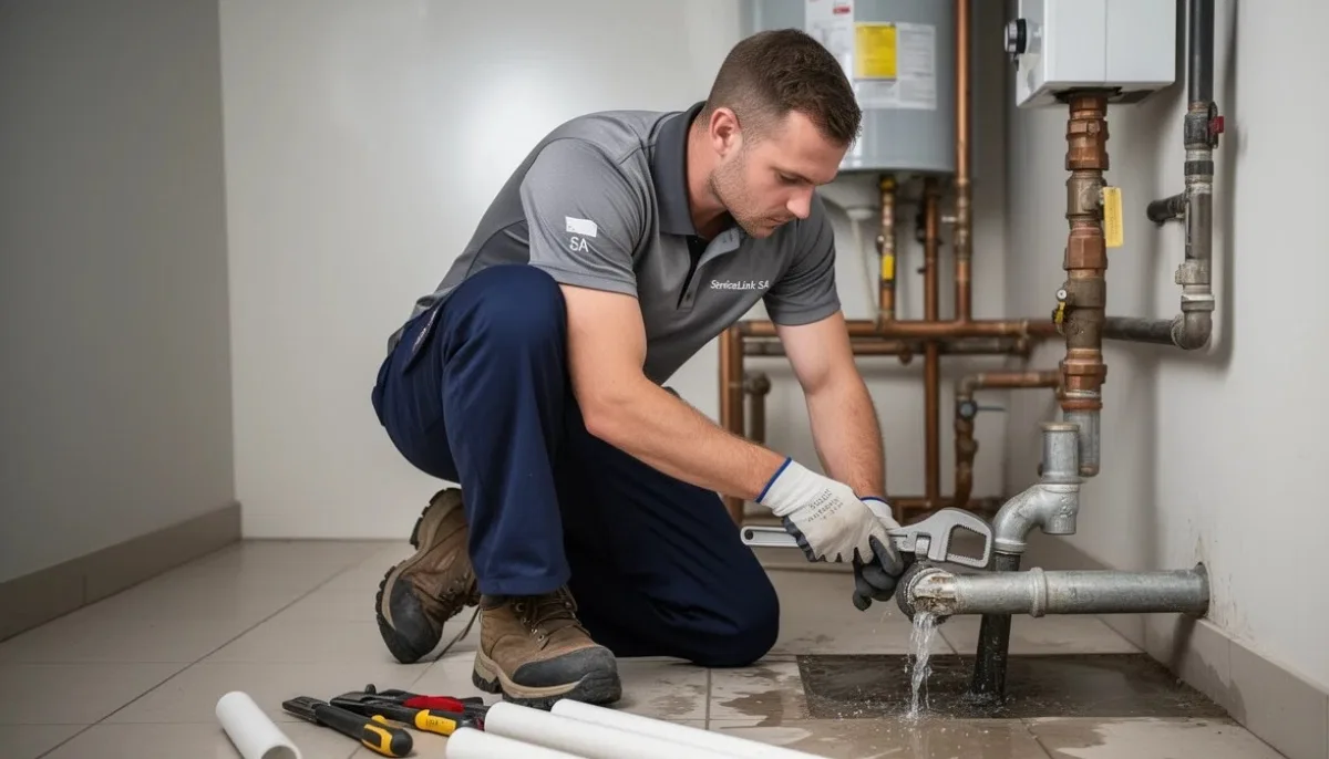 Plumber fixing burst water pipe showing professional emergency repair techniques