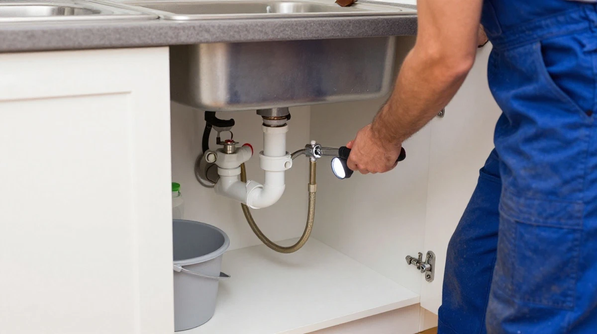 Plumber inspecting pipes under sink during routine home plumbing maintenance check