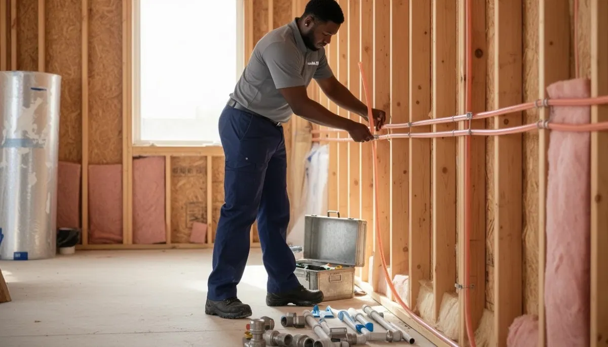 Plumber installing new plumbing pipes during residential construction showing professional pipe fitting work