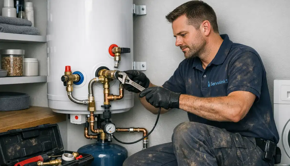 Plumber repairing hot water geyser during same day service call showing urgent geyser repair