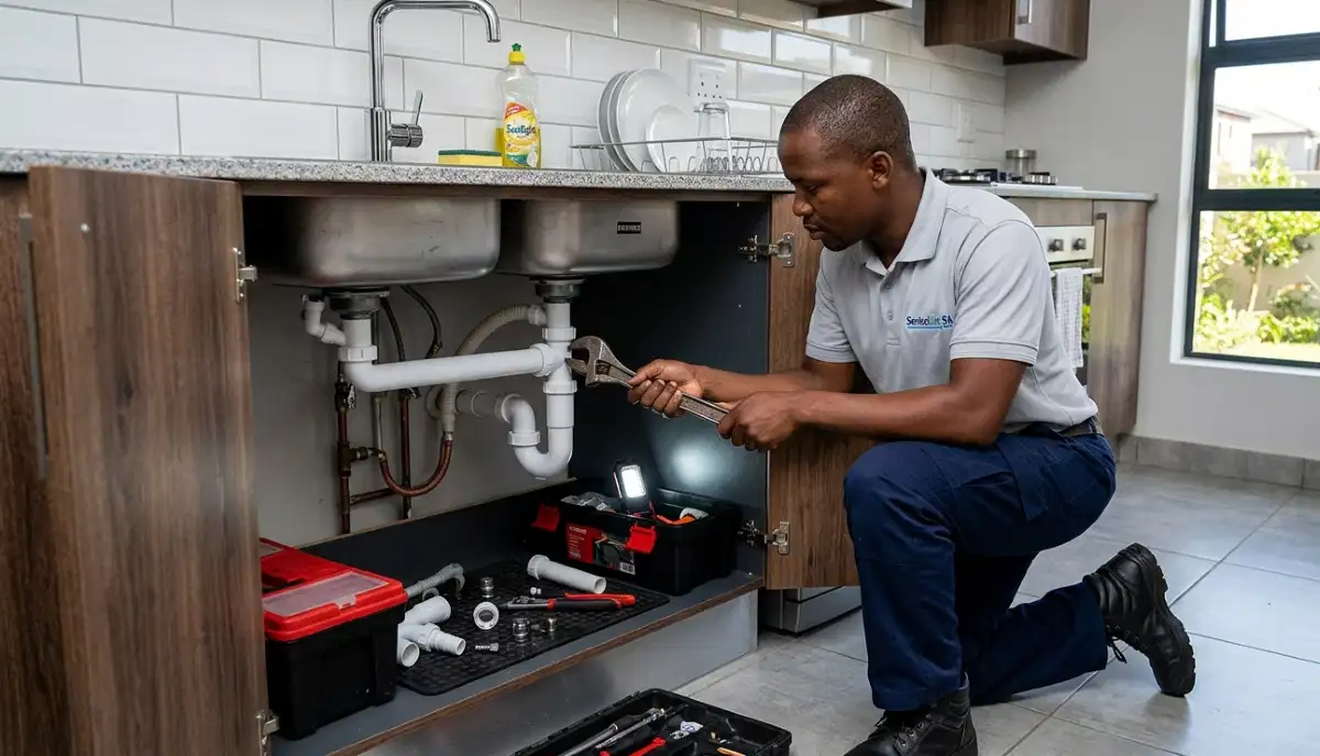 Plumber repairing kitchen sink pipe showing professional approach to fix leaking pipe under sink