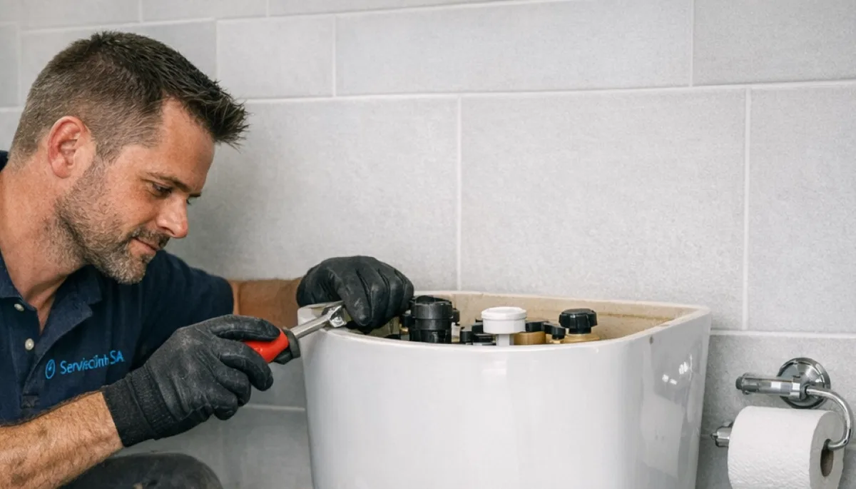 Plumber inspecting blocked toilet showing common causes and repair techniques for toilet blockage