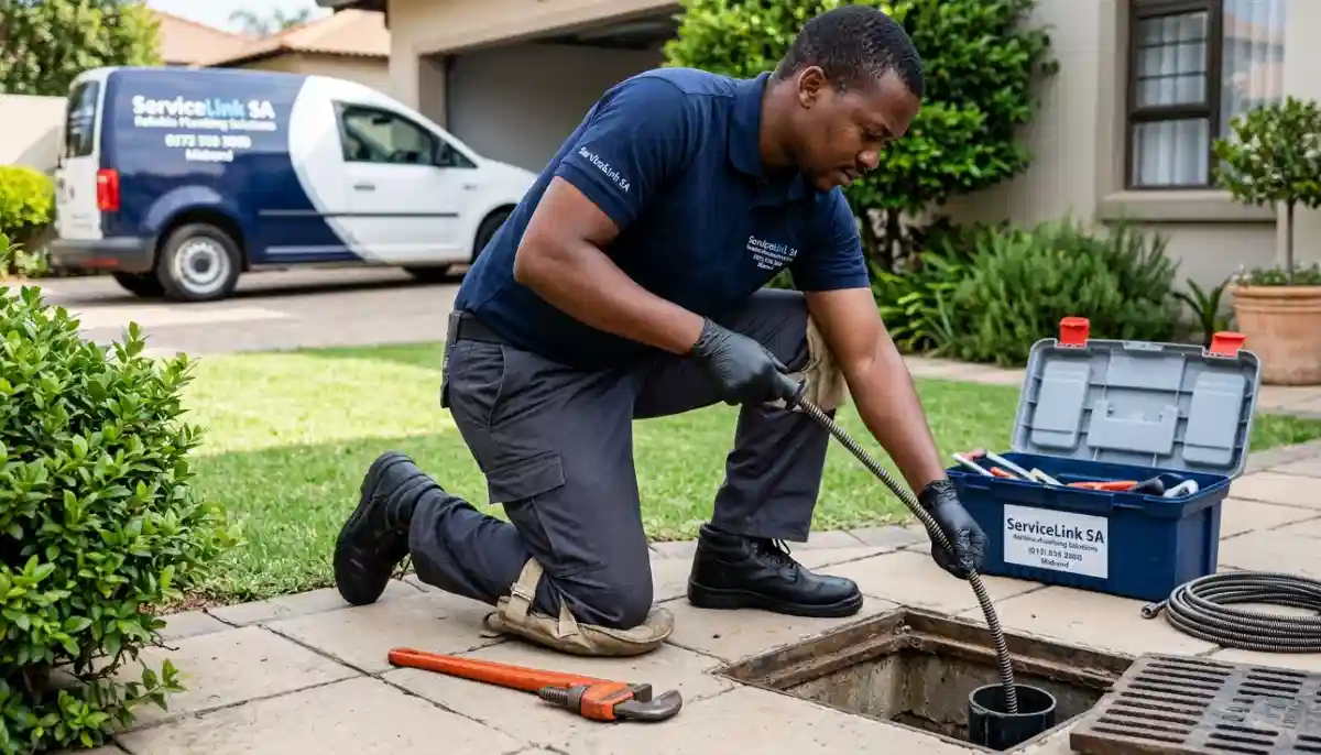 Plumber unblocking drain with auger during same day service call for urgent drain cleaning