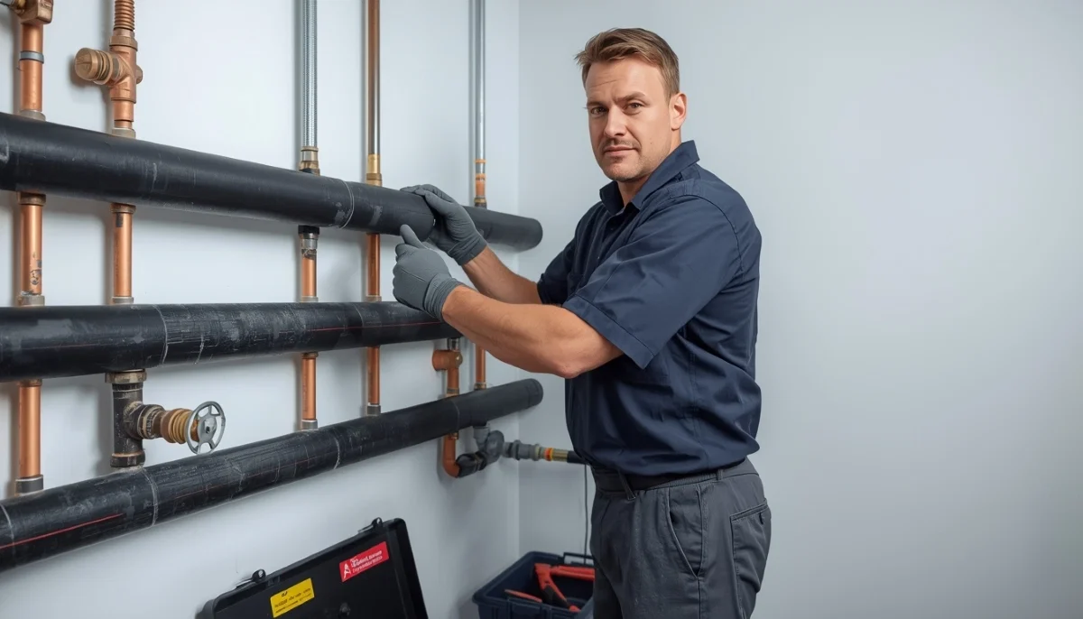 Plumber installing foam pipe insulation on exposed pipes to prevent freezing during winter months