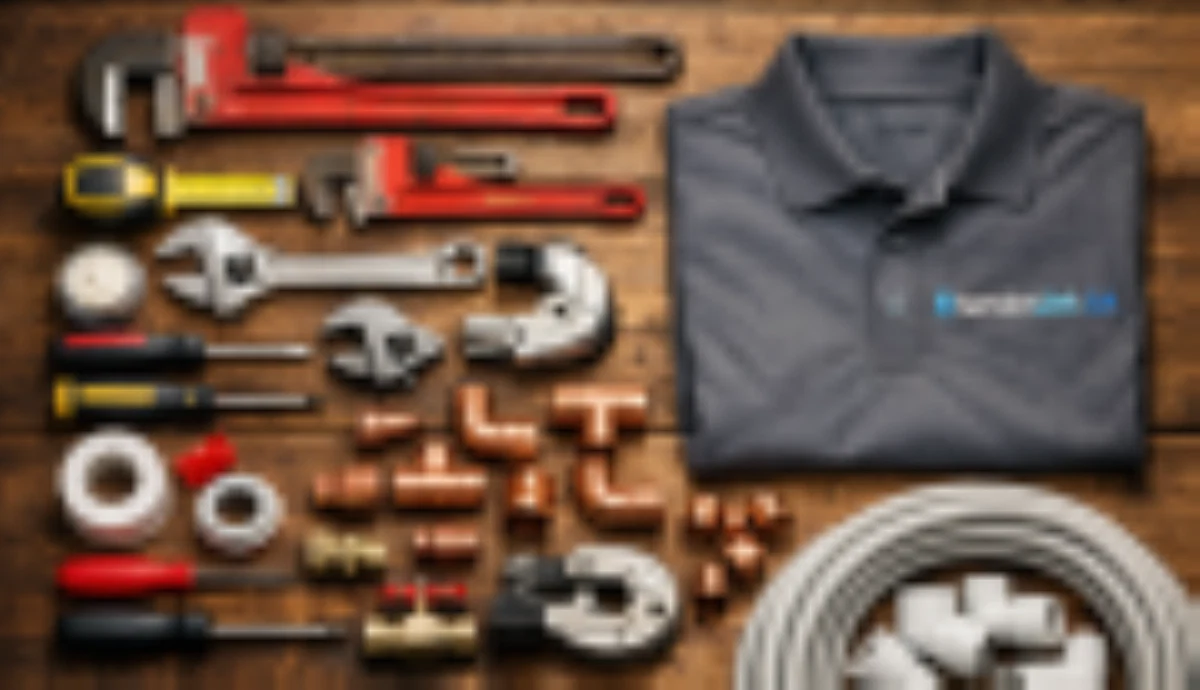Plumbing tools and equipment on workbench including wrenches, tape, and repair clamps for DIY pipe repair