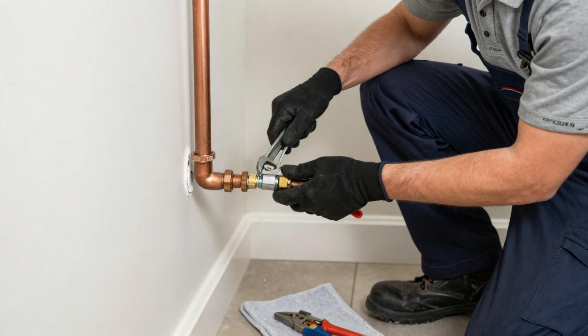 Professional plumber working on pipe installation during new construction plumbing project