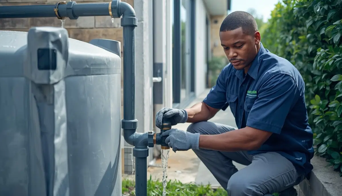 Rainwater harvesting tank alongside solar geyser showing integrated sustainable home systems
