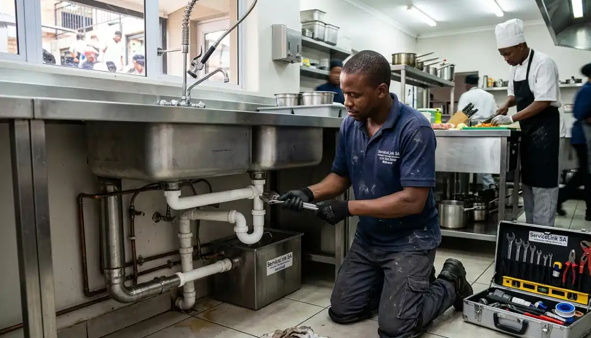 Commercial restaurant kitchen plumbing system showing grease trap installation for food service establishment