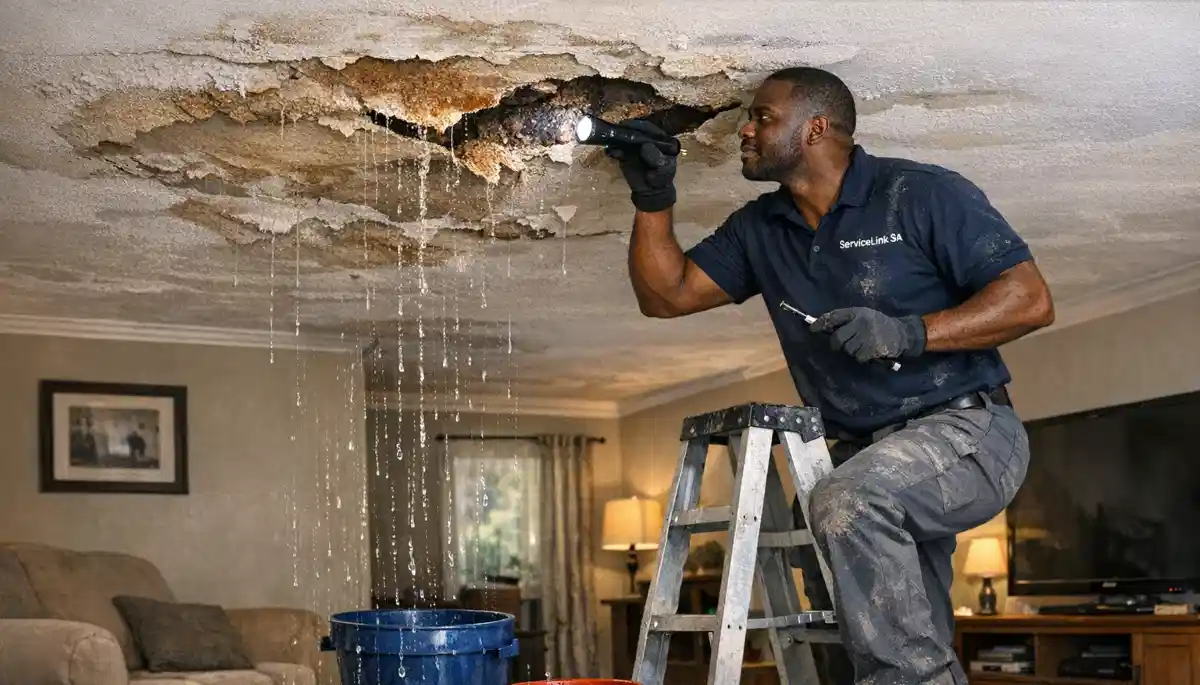 Severe water leak causing ceiling damage showing urgent need for emergency plumbing services