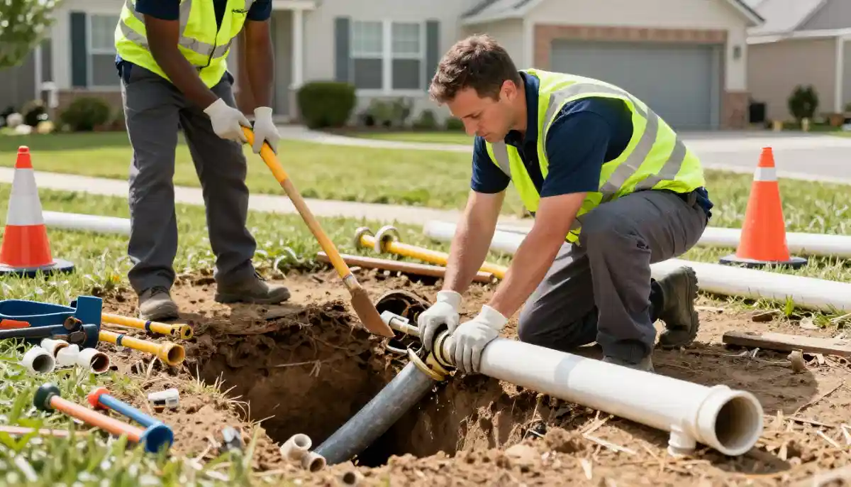 Excavation for sewer line repair showing targeted dig at leak point after underground pipe leak detection