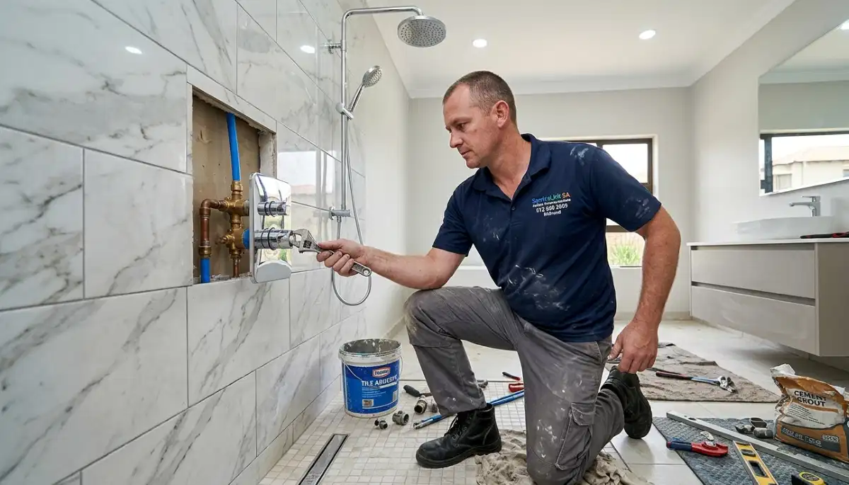 Bathroom renovation showing sink placement alongside shower installation
