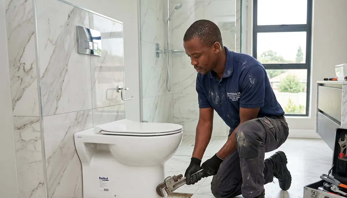 Plumber installing new toilet during bathroom plumbing installation showing proper connection
