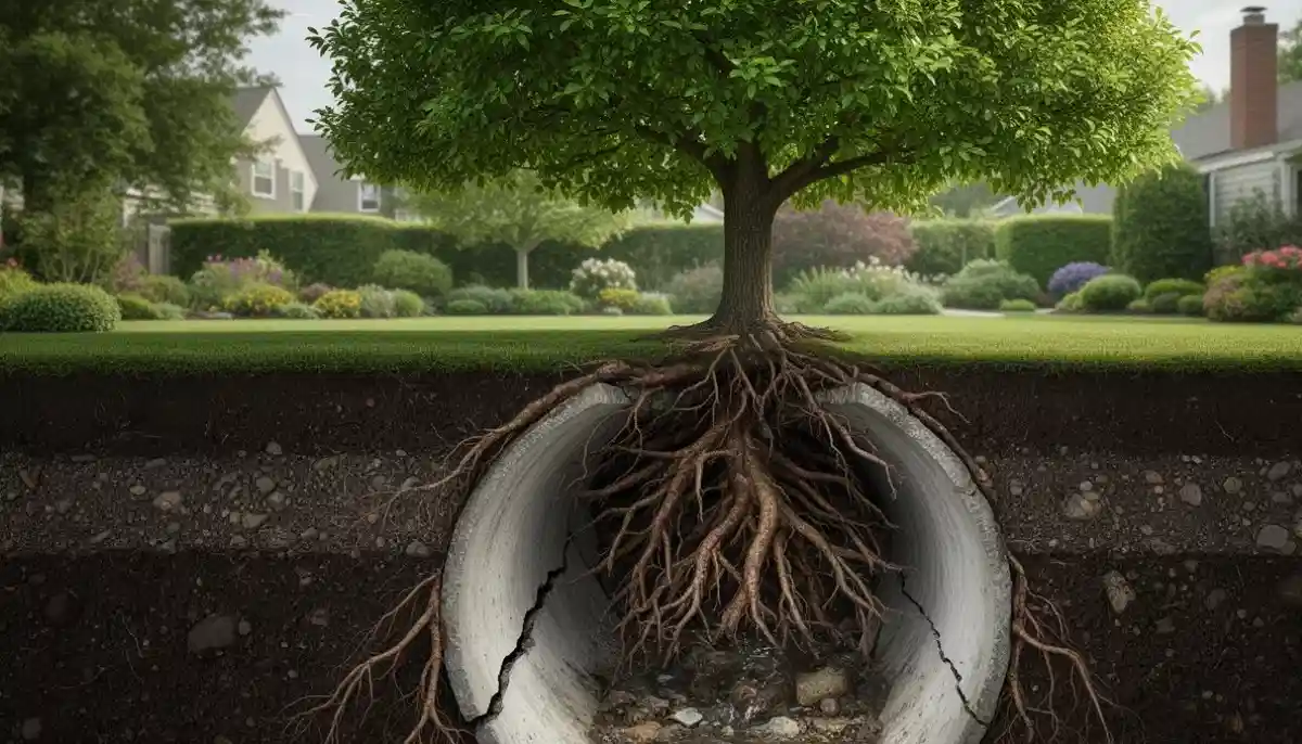 Tree roots growing into underground sewer pipe causing blockage and leak showing common subsurface leak cause