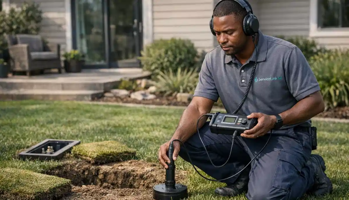 Technician using electronic leak detection equipment to find underground pipe leak without digging