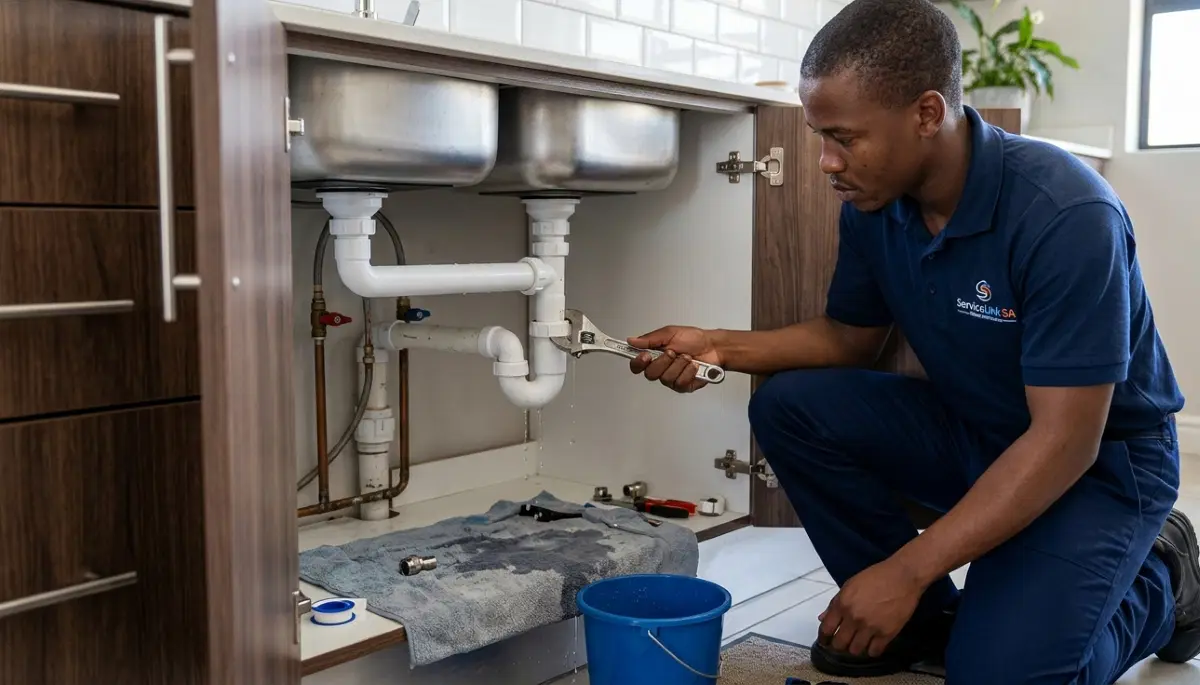 Plumber repairing water leak under sink during emergency call showing professional repair work