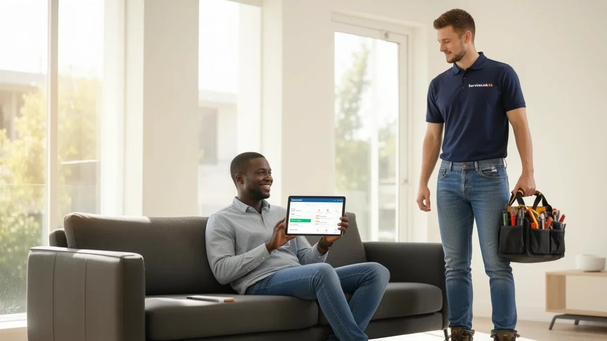 Homeowner easily booking home services through online platform on tablet, showing simplified contractor booking process