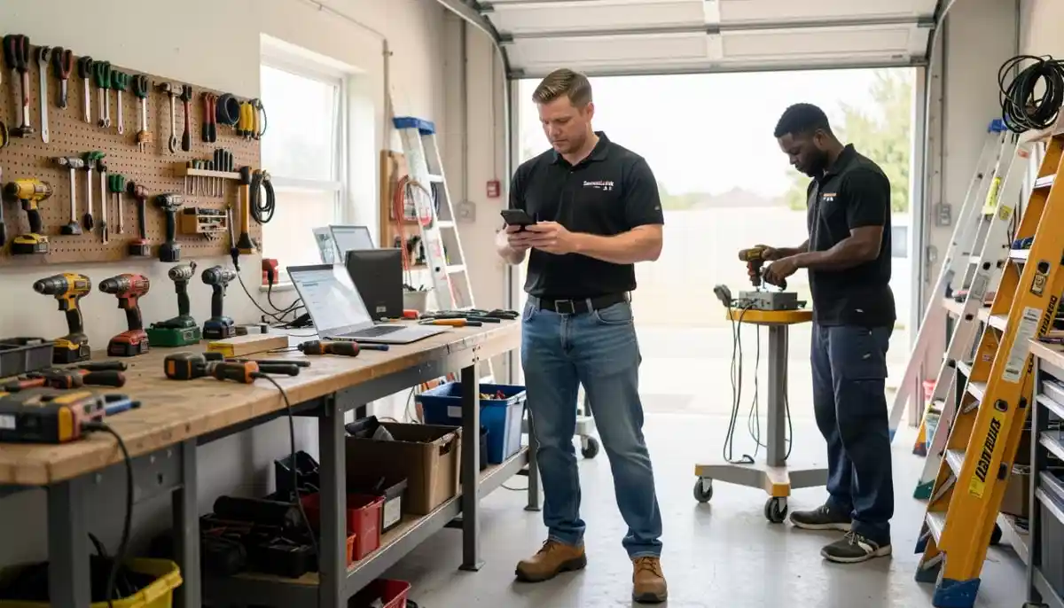 Contractor browsing online platform on tablet, finding new job opportunities and client requests