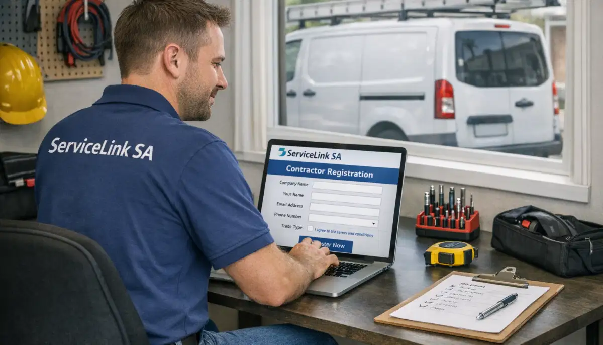 Professional contractor signing up on ServiceLink SA platform on laptop, ready to connect with homeowners