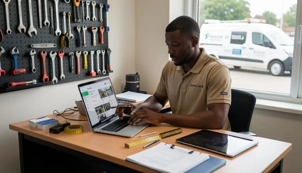 Contractor reviewing digital marketing dashboard on laptop showing lead generation metrics and online advertising results