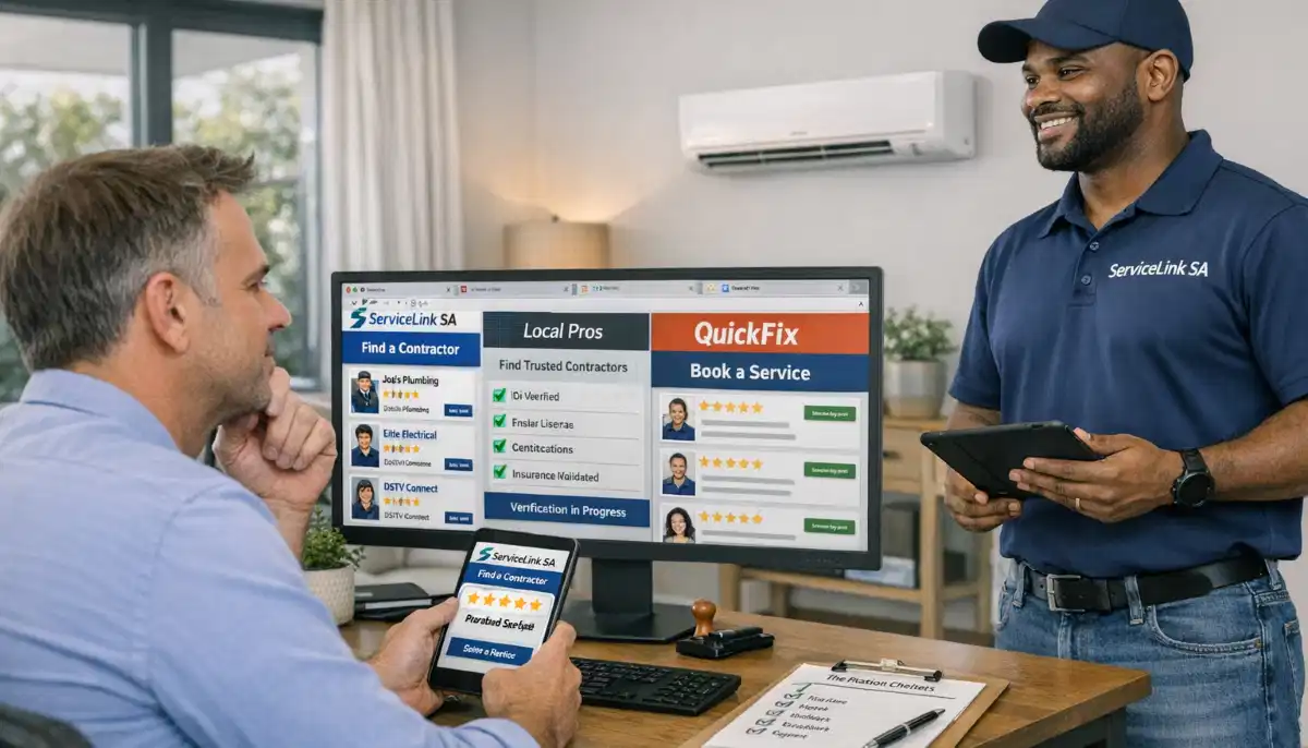 Side by side comparison of ServiceLink SA and Snupit contractor marketplace interfaces on laptop screen