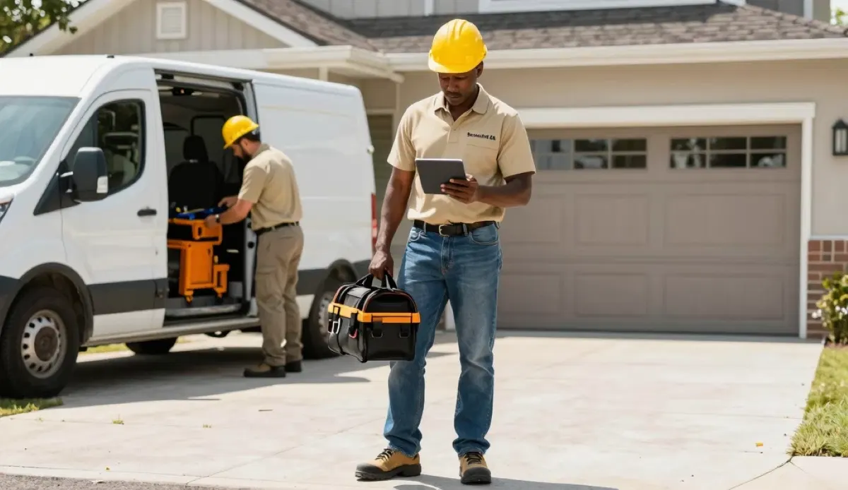 Professional contractor preparing tools and equipment before starting home service job, showing reliability and preparedness