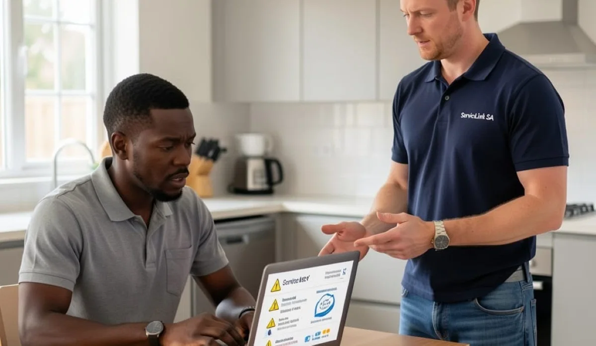 Warning signs of contractor scams displayed on smartphone screen with red flags and alert symbols