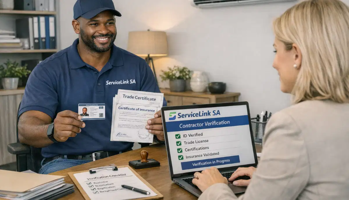 ServiceLink SA verification team reviewing contractor credentials and documents on computer screen
