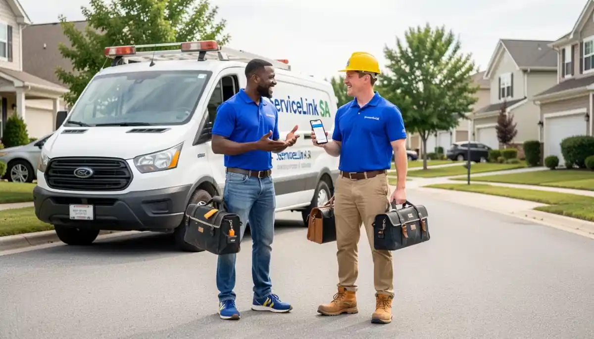 Group of professional contractors signing up on ServiceLink SA platform on tablet, ready to grow their business
