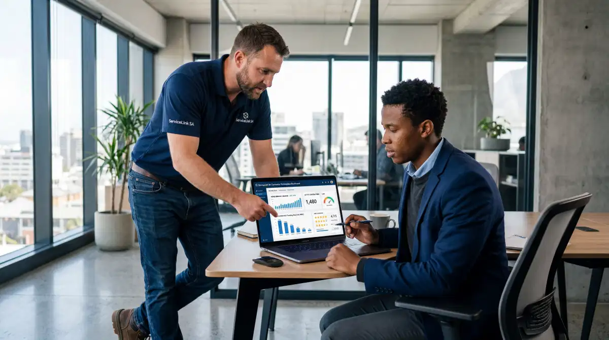 Digital contractor marketplace growth chart showing upward trend with smartphone and laptop displaying home services platform