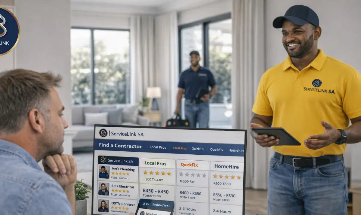 South African homeowner searching for local contractors on online platform on laptop and smartphone