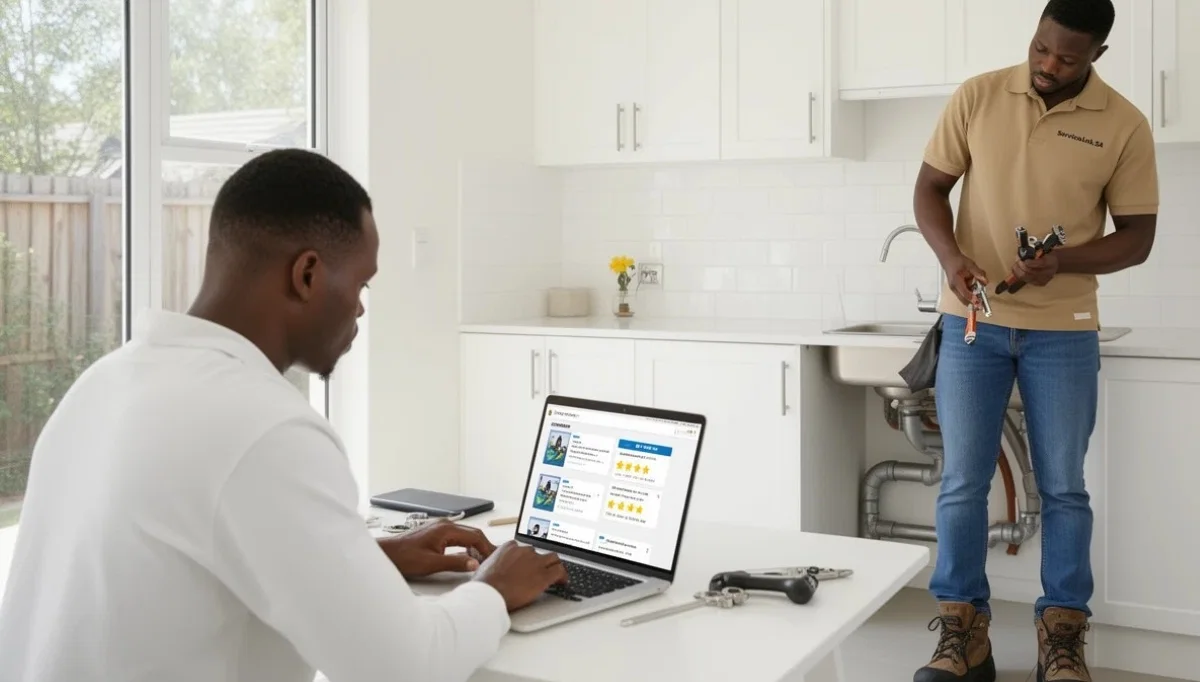 Homeowner searching for best plumbers online on laptop and smartphone with verified plumbing professionals