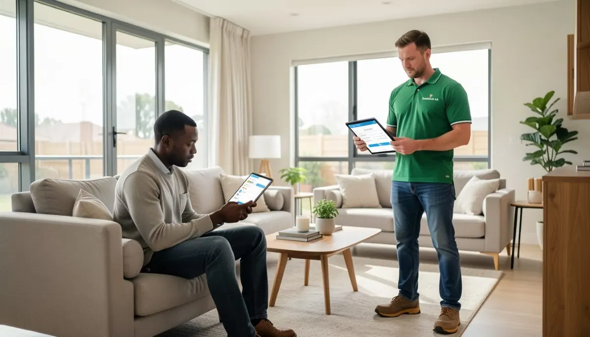 Futuristic digital home services marketplace interface showing AI matching and seamless booking