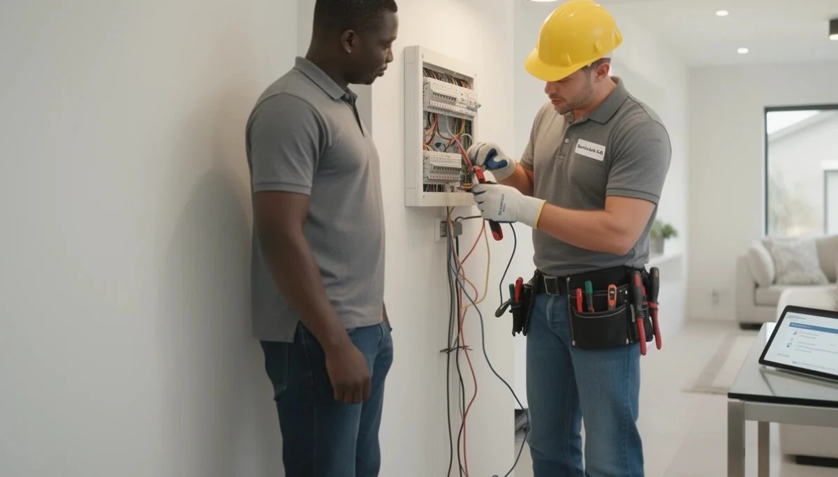 Homeowner hiring electrician online through verified platform on laptop with electrical safety icons