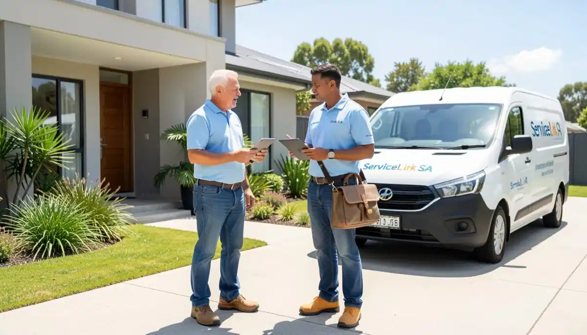 Homeowner using ServiceLink SA online platform on smartphone to find local contractors near them in South Africa