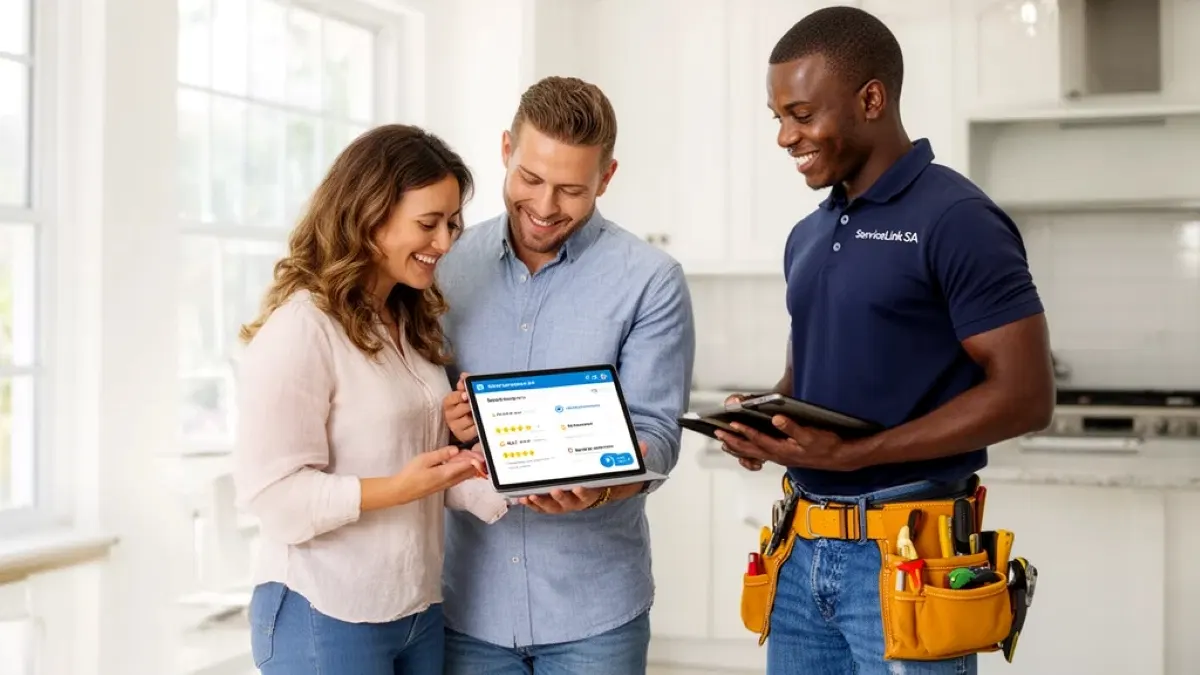 Homeowners confidently using ServiceLink SA platform on tablet, showing trust and satisfaction