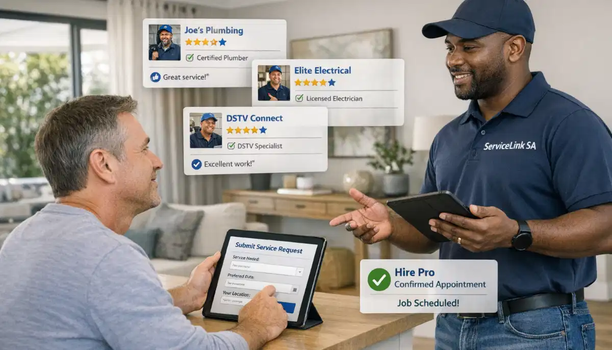 ServiceLink SA platform interface showing three-step process from project description to hiring verified contractors