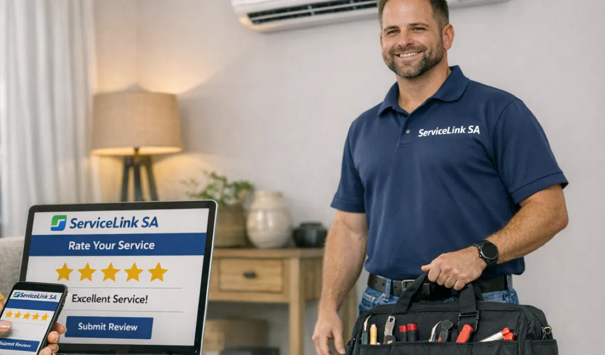 ServiceLink SA customer review page showing five-star ratings and verified homeowner testimonials