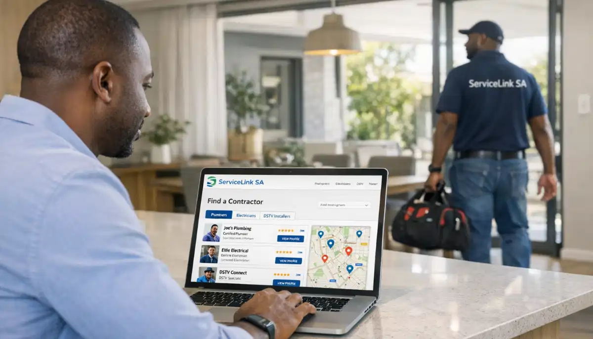 ServiceLink SA digital platform interface showing homeowners connecting with verified local contractors across South Africa